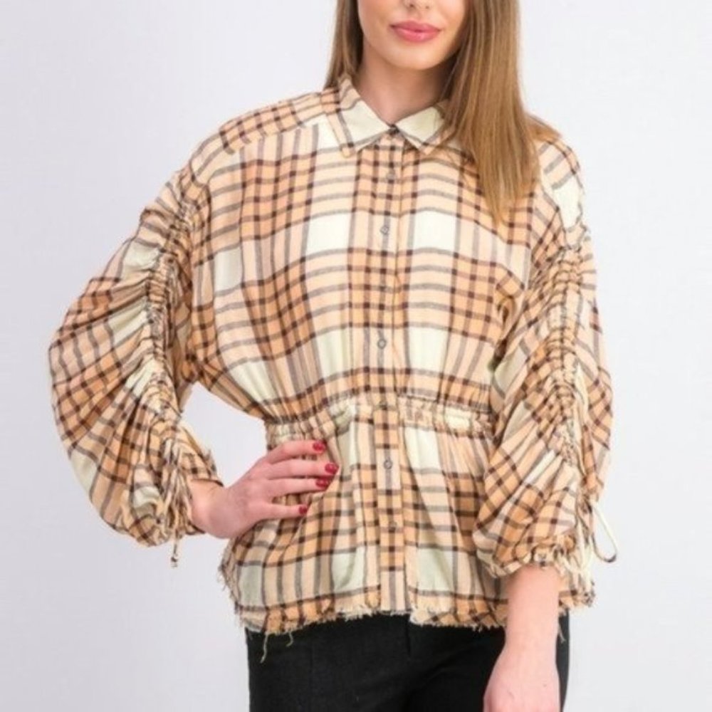Free People Pacific Dawn Plaid Shirt Peachy - Picture 3 of 7